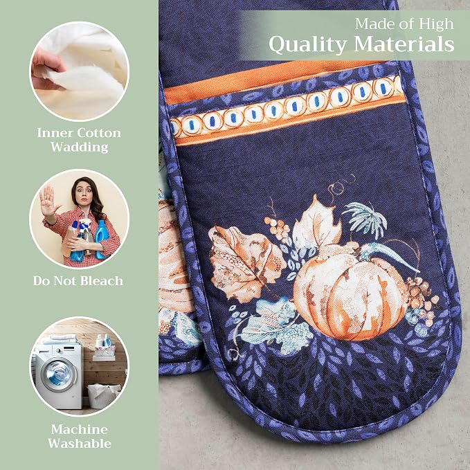 Maison d' Hermine Double Oven Mitts 100% Cotton Double Oven Glove (7"x35") | Heat Resistant BBQ Cooking Gloves with Loop Baking Kitchen Home Hotel Farmhouse Thanksgiving Christmas - Pumpkin Blues