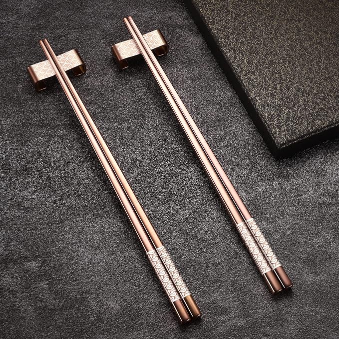 Titanium Stainless Steel 18/8 Reusable Chopsticks - 2 Pairs with Holder, Dishwasher Safe, Lightweight Japanese Style Gift Set (Rose Gold)
