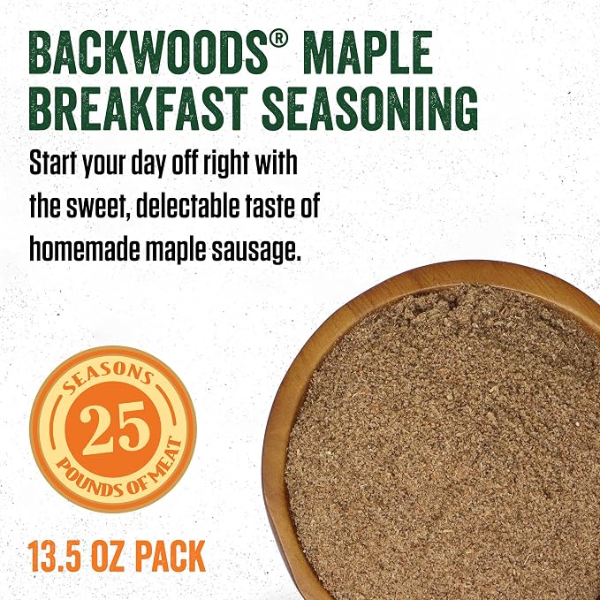 LEM Products Backwoods Maple Breakfast Fresh Sausage Seasoning, 13.5 oz | Pre-Measured Seasoning for Wild Game and Domestic Meat, Seasons Up to 25 Pounds of Meat for Homemade Patties and Sausages