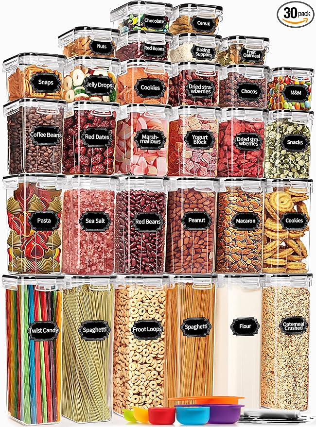 PRAKI 30 Pack Airtight Food Storage Containers for Organizers and Storage | Kitchen Storage Containers for Cereal Flour Sugar Storage, BPA Free, 5 Sizes, Container with 20 Labels, 6 Spoon & Marker