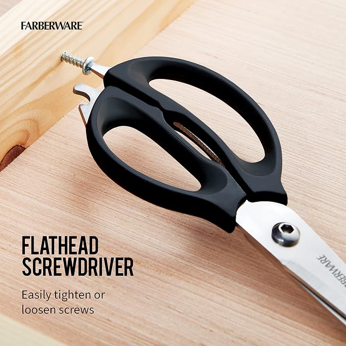 Farberware 4-in-1 Kitchen Scissors with Black Handle, High-Carbon Stainless Steel Shears with Jar Opener, Bottle Opener and Screwdriver, Kitchen Shears for Food Prep