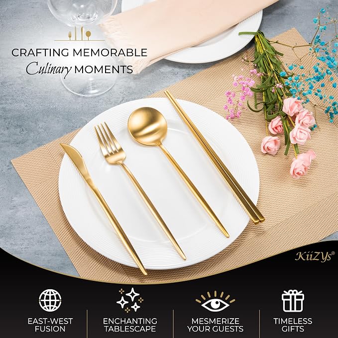 KiiZYs Matte Gold Silverware Set Cutlery Set - 14-piece 18/10 Stainless Steel Flatware Utensil Set - Korean Chopsticks Fork Spoon Knife - Reusable Dishwasher Safe - Gift Box (Gold, Service for 2)