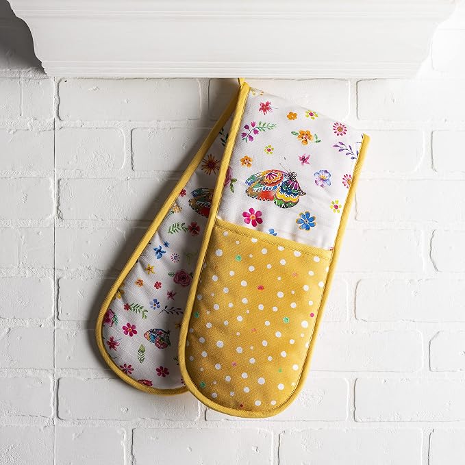 Maison d' Hermine Double Oven Mitts 100% Cotton Double Oven Glove (7"x35") | Heat Resistant BBQ Cooking Gloves with Loop Baking Grilling Kitchen Home Farmhouse Spring Summer - Happy Florals - Sweety