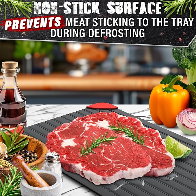 Thawing Tray for Frozen Meat, Fish, and Veggies, 14" x 8", Aluminum | Defrost Tray for Frozen Meat; Non-Stick Coating; High Heat Transfer, No Electricity; Easy Handling, Maintenance and Storage