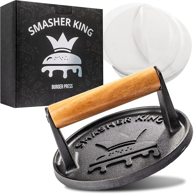 SMASHER KING™ - Smash Burger Press - Cast Iron Burger Smasher | Hamburger Patty Maker - Smash Burger Kit With 25 Sheets Of Paper - Grill Press And Steak Weight And Heavy Meat Smasher