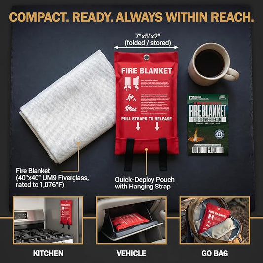 Emergency Fire Blanket, 40x40 UM9 Fiberglass, Rated to 1076°F, Smothers Kitchen, Home, RV & Camping Fires, Fire Suppression Blanket, National Park Foundation Partner - Fiberglass 1-Pack