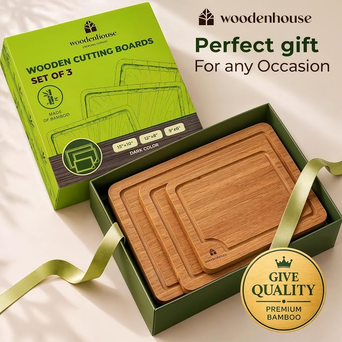 Wooden Cutting Board Set of 3 – Bamboo Wood Cutting Boards for Kitchen | with Deep Juice Grooves & Built-In Handles – Large, Non-Toxic, Easy to Clean Chopping Boards for Meat, Vegetables & Fruits