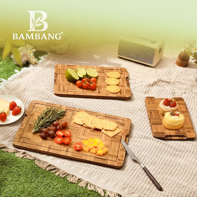 BAMBANG Bamboo Cutting Board for Kitchen with Juice Groove, End-Grain Butcher Block Chopping Boards, Checkered Wooden Cutting Boards Set of 3 with Stand, Knife-Friendly, Serving Tray