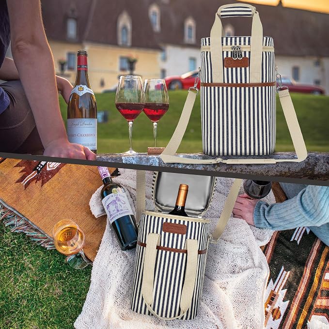 Opux 4 Bottle Insulated Wine Cooler Bag - Portable, Leakproof Padded Carrier for Travel, Picnic, BYOB - Navy White Stripe