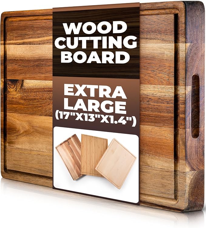 PREMIUM ACACIA Cutting Board & Professional Heavy Duty Butcher Block w/Juice Groove - Extra Large (17"x13"x1.4") Organic, End Grain Chopping Block. Ideal Serving Tray for Meat & Cheese