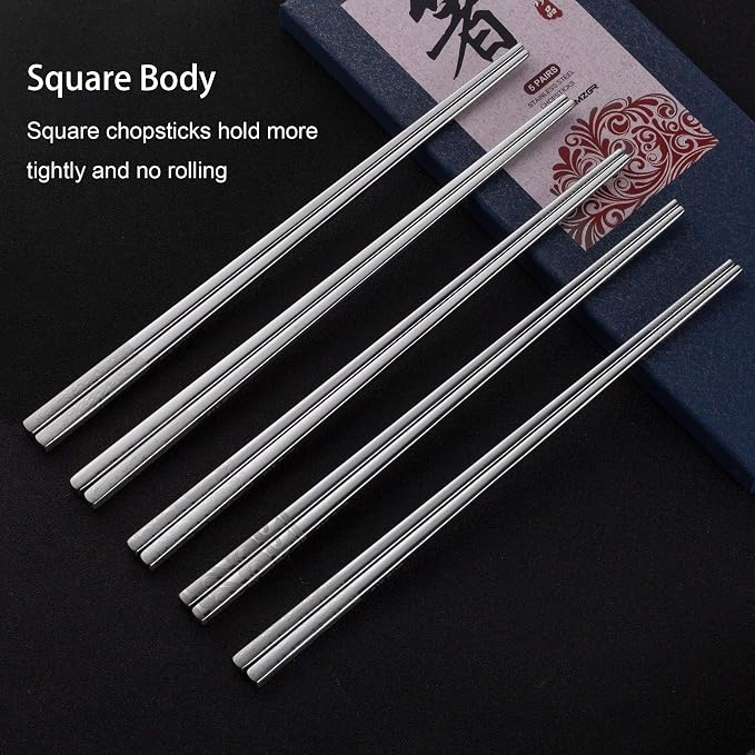 Metal Chopsticks Reusable 316 Stainless Steel Chopsticks Multipack Dishwasher Safe Chop Sticks Square Fancy Laser Engraved Non-slip Korean Chopstick for Cooking Eating 9.45 Inches 5 Pairs Gift Set