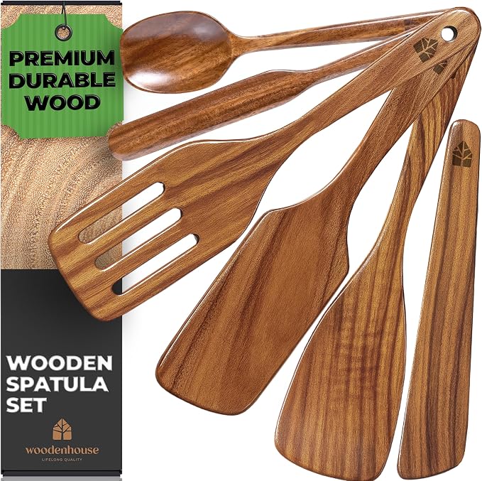 Wooden Spatula for Cooking, Teak Set of 6 for Non-Stick & Cast Iron | Includes Turner, Scraper, Slotted, Frying Tools, Jar Scraper & Spoonula – Scratch-Free, Easy to Clean