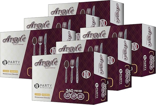 Party Bargains Clear Plastic Cutlery 2160 pcs: 1080 Forks, 720 Spoons, 360 Knives. Argyle Design, Heavy Duty & Solid Disposable Silverware Utensils Combo Pack Set for Weddings, Buffets, Luncheons