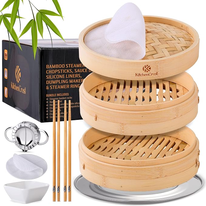 KITCHENCRUST Bamboo Steamer Basket for Chinese Asian Cuisine - 2 Tier 10-Inch Steaming Basket Bun Vegetable Steam, Dumpling Steamer bamboo steam basket, Sauce Dish, Chopsticks, Reusable Liners, Ring