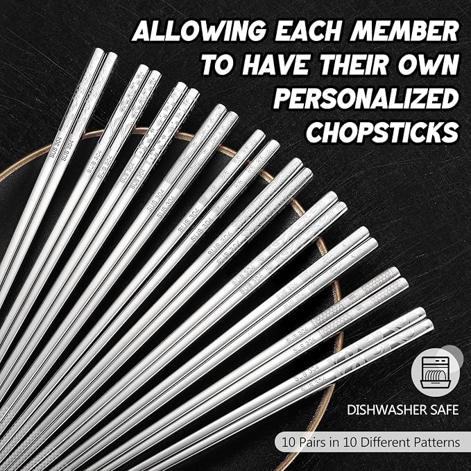 10 Pairs Metal Chopsticks Reusable 18/8 Stainless Steel Chopsticks with Sleek Engraving Patterns 9.25 in Japanese Korean Chop Stick Non-slip Dishwasher Safe for Premium Gift Set