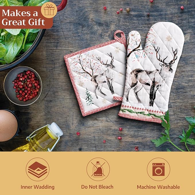 Maison d' Hermine Pot Holders 100% Cotton Potholders (8" x 8", Pack of 1) | Heat Resistant Hot Pads with Loop BBQ Cooking Baking Hotel Kitchen Handling Hot Pans Thanksgiving Christmas - Rural Christmas