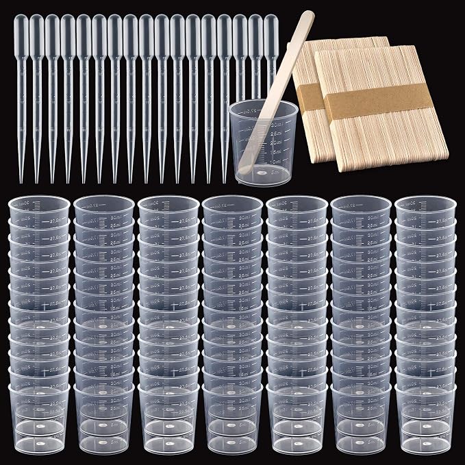 Coopay Plastic Graduated Cups Tools - 100 Pack 30ml/1oz Transparent Scale Measuring Cups,100 Pack Wooden Stirring Sticks and 3ml Transfer Pipettes for Resin, Epoxy, Stain, Mixing Paint