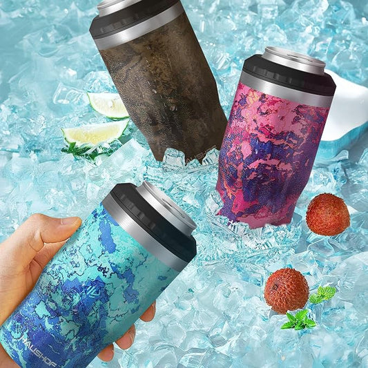 HAUSHOF 4-in-1 Insulated Can Cooler Fits 12oz Cans & Beer Bottle, Camo Blue | Double-Wall Vacuum Insulated, 18/8 Stainless Steel, BPA-Free Lid, Slim Can Cooler for Camping, Beach & Picnic