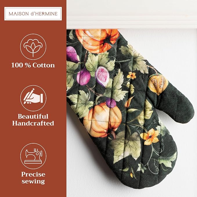 Maison d'Hermine Oven Gloves 100% Cotton Oven Mitt (7" x 13", Pack of 1) | With Loop Heat Resistant BBQ Cooking Gloves Kitchen Handling Hot Pans Thanksgiving Christmas - Pumpkin Garden - Dark Green