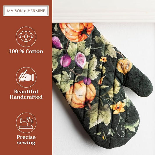 Maison d'Hermine Oven Gloves 100% Cotton Oven Mitt (7" x 13", Pack of 1) | With Loop Heat Resistant BBQ Cooking Gloves Kitchen Handling Hot Pans Thanksgiving Christmas - Pumpkin Garden - Dark Green