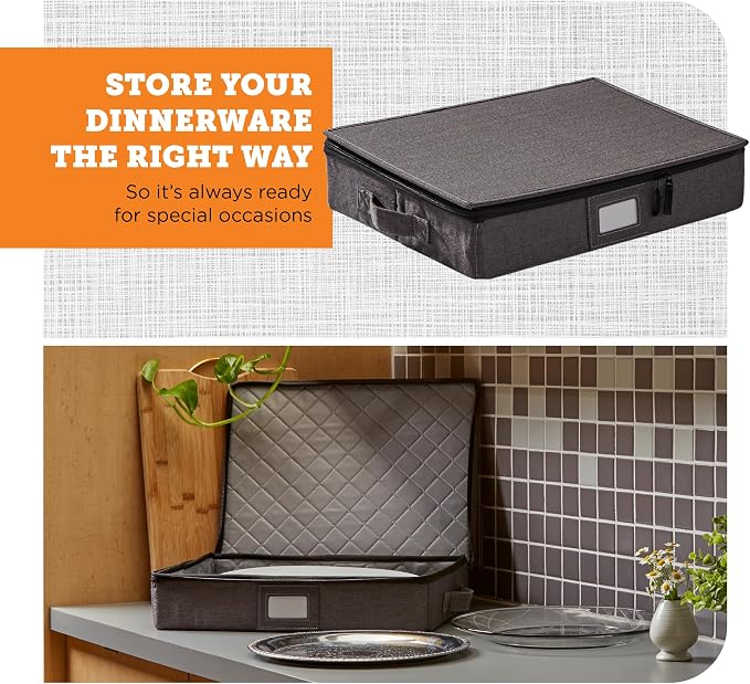 storageLAB Hard Shell Platter Storage Container | Felt Dividers | Gray | Hard shell platter case holds 4 large serving platters with felt dividers. Dual zippers, stackable, dust-free.
