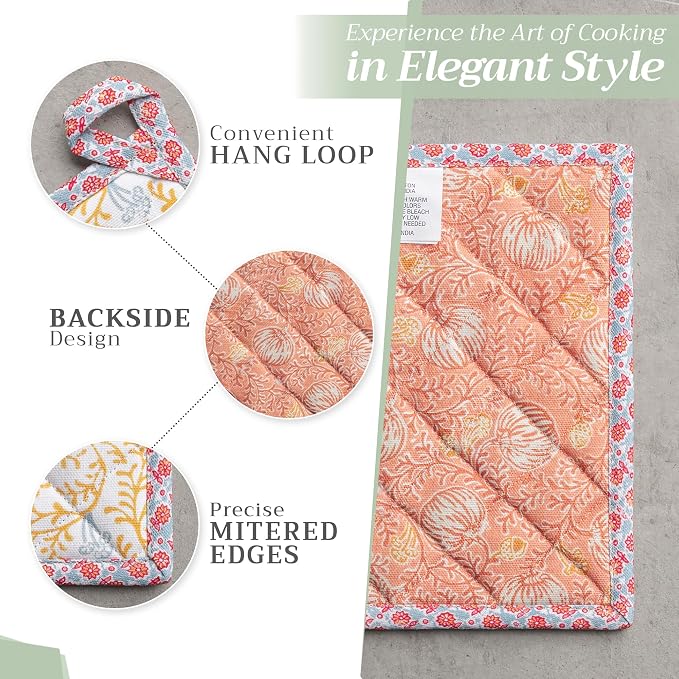 Maison d' Hermine Pot Holders 100% Cotton Potholders (8" x 8", Pack of 2) | Heat Resistant Hot Pads with Loop BBQ Cooking Baking Kitchen Handling Hot Pans Thanksgiving Christmas - Harvest Festival