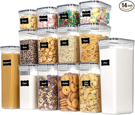 Airtight Food Storage Containers Set, 14 PCS Kitchen Storage Containers with Lids for Flour, Sugar and Cereal, Plastic Dry Food Canisters for Pantry Organization and Storage | BPA-Free Kitchen Organizers with Lids, For Flour, Sugar & Cereal, Plastic Dr...