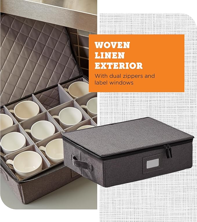 storageLAB Cup & Mug Storage Case | Hard Shell Felt Dividers | Gray | Hard shell case holds 12 cups or mugs in 4x4 felt compartments. Stackable, top-load, dual handles. Also fits wine glasses.