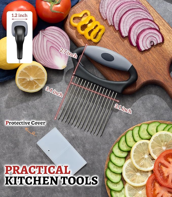 Large Onion Slicer Holder, Stainless Steel Onion Holder for Slicing with 14 Sharp Prongs for Slicing of Tomato, Avocado, Vegetable Chopper Meat Tenderizer for Fruit Prep (CarbonBlack)