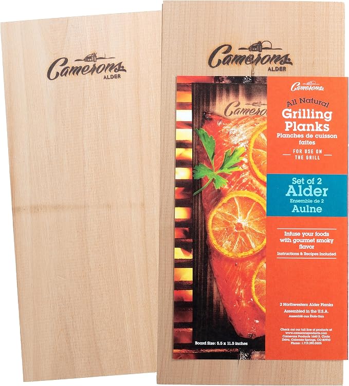 Camerons Alder Grilling Planks - 2 Pack (5.5"x11.5") - Premium Natural Alder Wood - Easily Infuse Smoky Flavor into BBQ Salmon, Fish, Pork, Veggies, and More - Sourced in the USA - Grilling Gift Idea