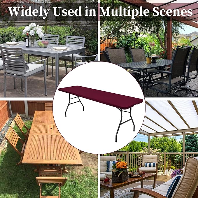 6 Pack Stretch Fabric Table Top Cap Cover, fits 8' Tables, Spandex Table Covers Washable Elastic Rectangle Tablecloth Protector for Indoor Outdoor Party Picnic Wedding, Wine Red, 30" W x 96" L