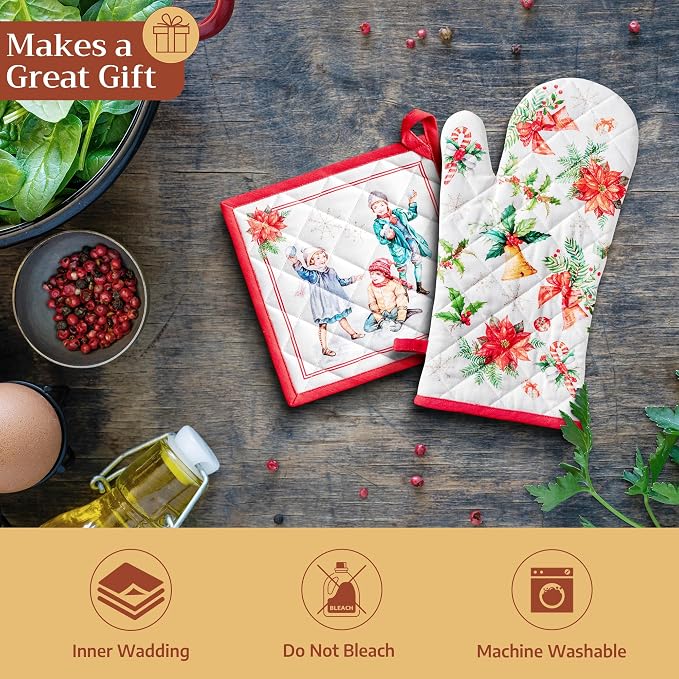 Maison d'Hermine Oven Gloves 100% Cotton Oven Mitt (7" x 13", Pack of 1) | With Loop Heat Resistant BBQ Cooking Gloves Baking Kitchen Handling Hot Pans Thanksgiving Christmas - Chromo
