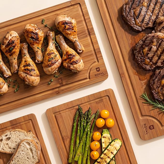 ROYAL CRAFT WOOD Wooden Cutting Boards for Kitchen Meal Prep & Serving - Bamboo Non Toxic Cutting Board Set with Deep Juice Groove Side Handles - Charcuterie & Chopping Butcher Block for Meat (4 Pcs)