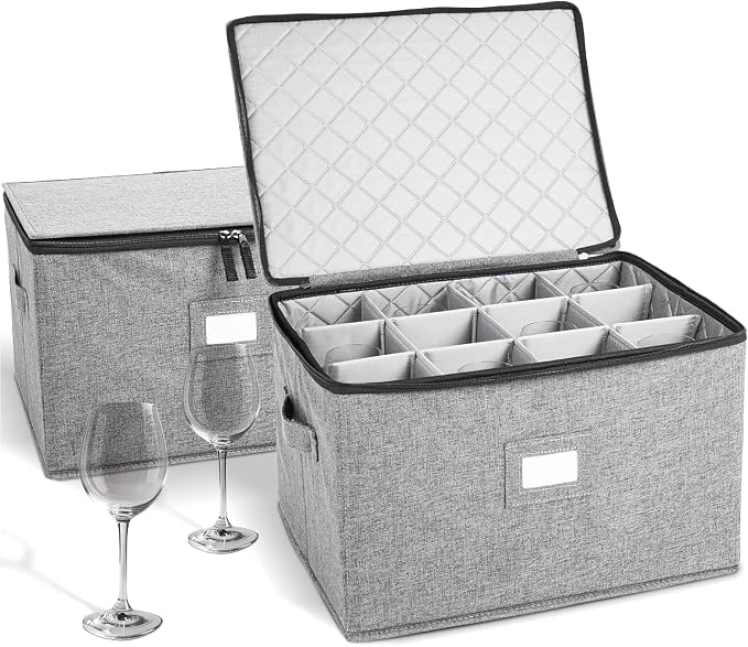 storageLAB Wine Glass Storage Cases | Hard Shell Felt Dividers | 2 Pack | 2-pack - each hard shell case holds 12 wine glasses in 4x4 felt compartments. Stackable, top-load. 24 glasses total.