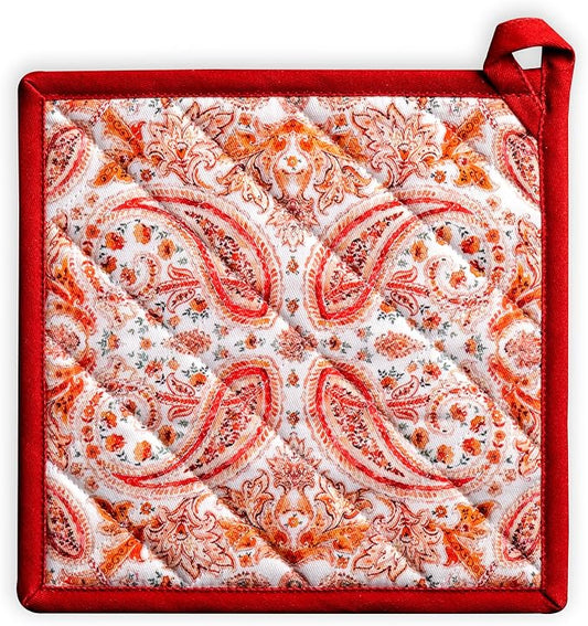 Maison d' Hermine Pot Holders 100% Cotton Potholders (8" x 8", Pack of 1) | Heat Resistant Hot Pads with Loop BBQ Cooking Baking Hotel Kitchen Handling Hot Pans Thanksgiving Christmas - Orient