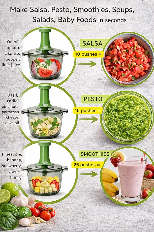 Brieftons Express Manual Food Chopper: Large 8.5-Cup, Hand Chopper Vegetable Cutter to Chop Veggies, Fruits, Herbs, Garlic Onion Chopper for Salsa, Salad, Pesto, Guacamole, Coleslaw, Indian Cooking