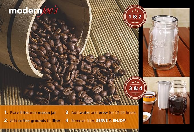 MODERNJOE'S Premium Infuser Cold Brew Coffee Maker for 1 Quart Wide Mouth Mason Jars. Cold Brew Coffee Filter. Iced Coffee and Tea. Heavy Duty Gauge 100 Micron Mesh 304 Stainless Steel