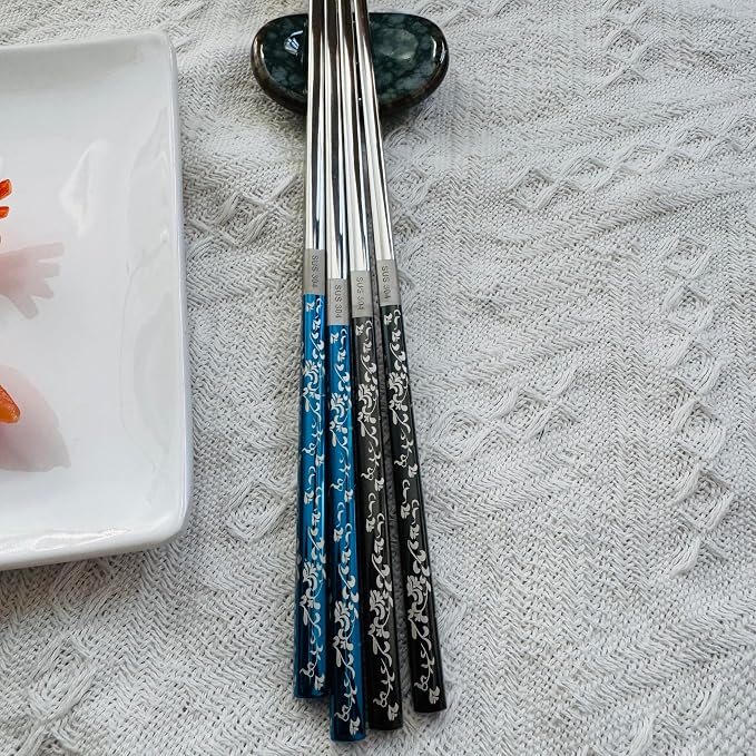 1Pairs Metal Chopsticks 304 Stainless Steel Chopsticks Set,Flower Metal Chop sticks Reusable, Dishwasher Safe,Anti-slip ,9.25inch (Black)