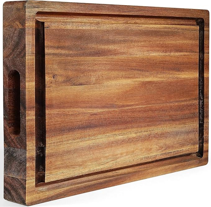 XL Acacia Wood Cutting Board (20x15x1.5in) and Wooden Butcher Block, Chopping Board-Reversible Multipurpose For Meat, Cheese Board, Vegetables, Bread with Juice Groove, Cracker Holder & Inner Handles