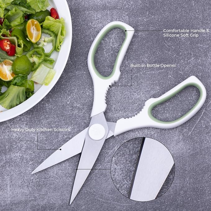 Kitchen Scissors All Purpose Kitchen Shears with Magnetic Holder, Soft Grip Handle Cooking Scissors Dishwasher Safe with Come Apart Blade Heavy Duty Scissors for Meat, Vegetable, Herb, White