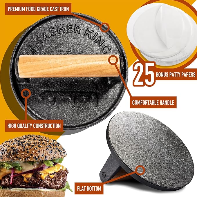 SMASHER KING™ - Smash Burger Press - Cast Iron Burger Smasher | Hamburger Patty Maker - Smash Burger Kit With 25 Sheets Of Paper - Grill Press And Steak Weight And Heavy Meat Smasher