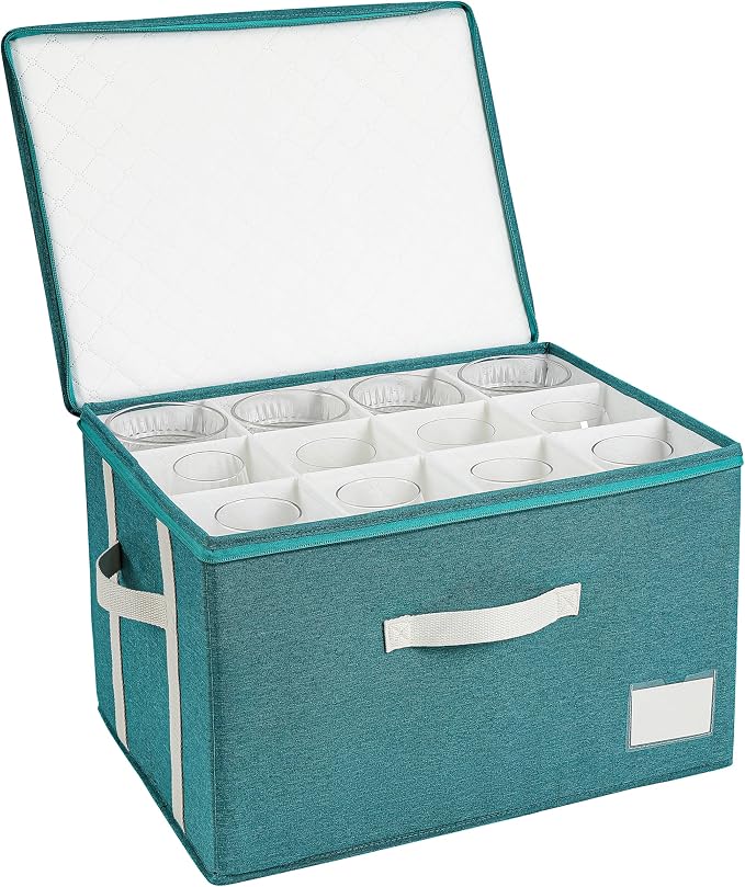 Stemware Storage Cases,Wine Glass Storage Box,with Dividers,Holds 12 Red or White Wine Glasses, Durable Glassware Storage Containers for Crystal or Stemware (Green white, Stemware storage cases)