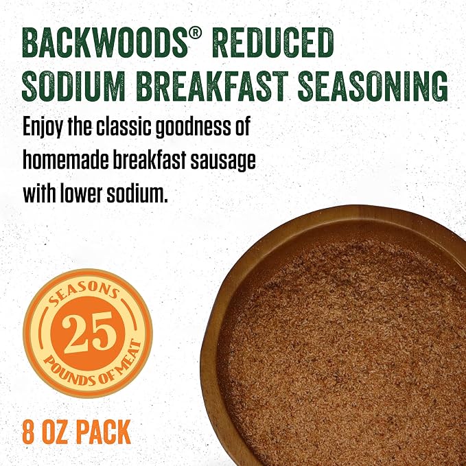 LEM Products Backwoods Reduced Sodium Breakfast Sausage Seasoning, 8 oz | Pre-Measured Seasoning for Wild Game and Domestic Meat, Seasons Up to 25 Pounds of Meat for Homemade Patties and Sausages