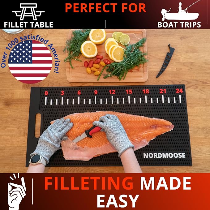 Fish Fillet Mat Kit with Fish Ruler Decal and Fillet Knife, Cutting Gloves. Large 28"x14" Nonslip Fish Cleaning Mat that Grips the Fish - Durable & Easy to Clean, Portable Fish Cutting Board | Fish Ruler, Fillet Knife & Sharpener, Cutting Gloves, Scale...