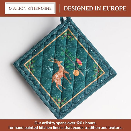Maison d' Hermine Pot Holders 100% Cotton Potholders (8" x 8", Pack of 1) | Heat Resistant Hot Pads with Loop BBQ Cooking Baking Hotel Kitchen Handling Hot Pans Thanksgiving Christmas - Hygge Christmas