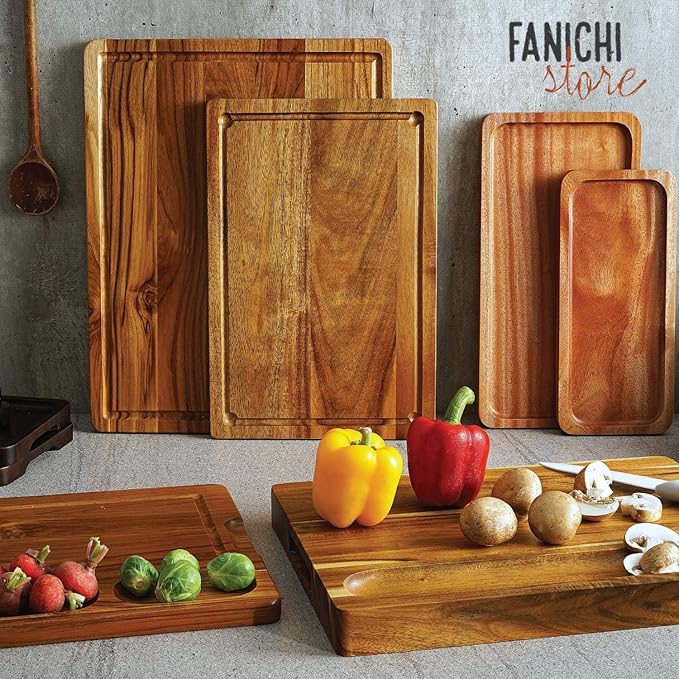 XL Acacia Wood Cutting Board (20x15x1.5in) and Wooden Butcher Block, Chopping Board-Reversible Multipurpose For Meat, Cheese Board, Vegetables, Bread with Juice Groove, Cracker Holder & Inner Handles