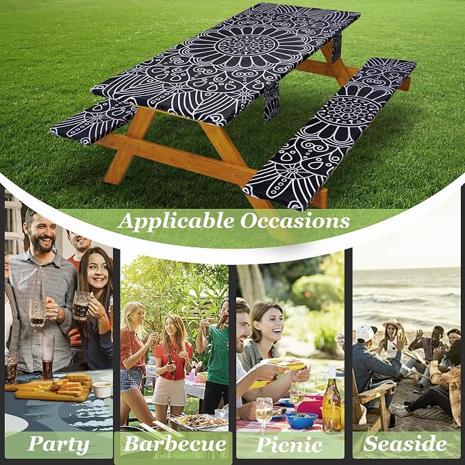 Picnic Table Cover with Bench Covers Vinyl Elastic Edges Fitted Rectangle Tables Seat Waterproof 3-Piece 96X30in Set Outdoor Rectangular Folding Backing Tablecloth Camping Over Size BlackMandala