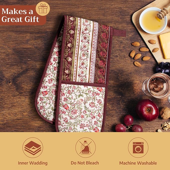 Maison d' Hermine Double Oven Mitts 100% Cotton Double Oven Glove (7"x35") | Heat Resistant BBQ Cooking Gloves with Loop Baking Kitchen Home Hotel Farmhouse Thanksgiving Christmas - Reveillon Au Jardin