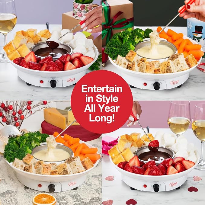 Electric Fondue Maker Set with Tray & 4 Forks for Chocolate and Cheese | 3-in-1 Chocolate Melter, Cheese Fondue Pot & Candy Warmer for Summer Parties, BBQs, Appetizers, Desserts & S’mores Setup