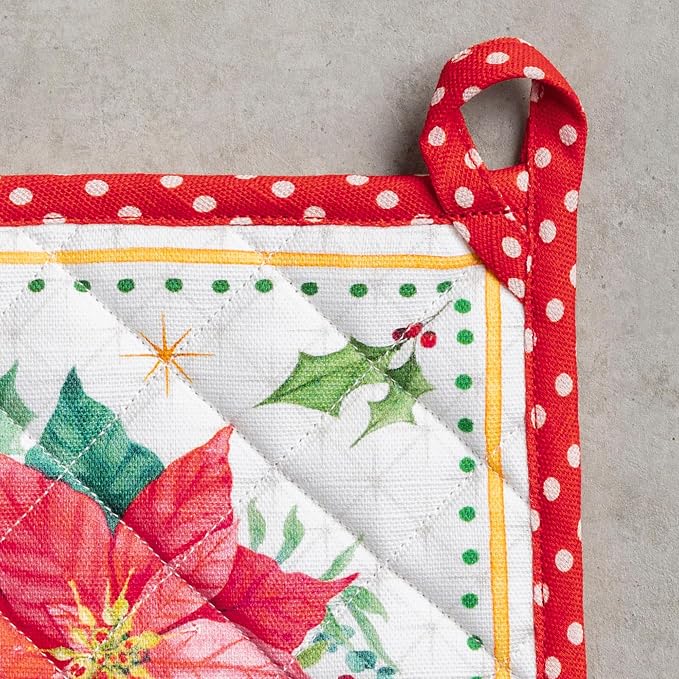 Maison d' Hermine Pot Holders 100% Cotton Potholders (8" x 8", Pack of 1) | Heat Resistant Hot Pads with Loop BBQ Cooking Baking Kitchen Handling Hot Pans Thanksgiving Christmas - Poinsettia Christmas